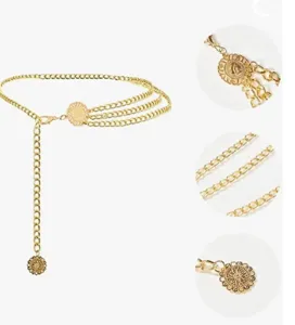 Detailed shot of retro gold multi-layer sun coin waist chain, elegant fashion jewelry.