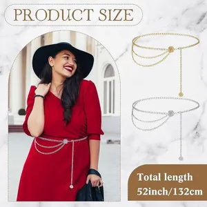 Detailed view of multi-layer metal coin waist chain, elegant body chain for women detail.