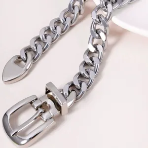 Punk metal chain belt for women, adjustable chunky waist chain, minimalist silver jewelry.