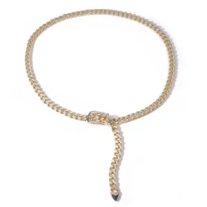 Golden metal chain belt detail, adjustable waist accessory with buckle and hanging chain.
