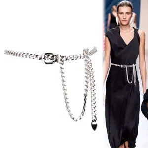 Close-up detail of the metal chain belt, punk style curb chain with adjustable buckle.