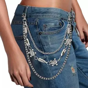 Chaîne de pantalon crâne multicouche punk chaîne de taille en métal argenté unisexe