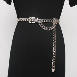 Silver metal chain belt for women, punk style adjustable waist accessory with heart pendant.
