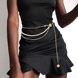 Chaine de taille multicouche retro pour femmes mode or metal perle bijoux de corps robe