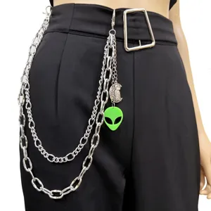 Catena da pantalone multistrato in metallo hip-hop con ciondolo alieno e gufo streetwear.