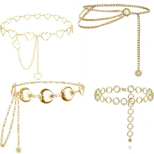 Details of stylish gold metal waist chain set, featuring heart moon and circle link designs.