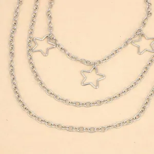 Punk style silver metal multi-layer waist chain with hollow stars, trendy pants chain.
