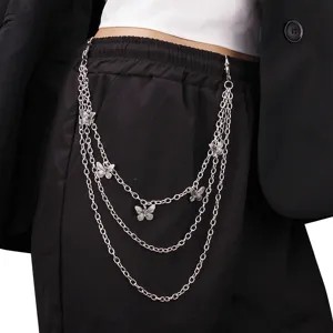 Detail shot of multi-layer silver metal waist chain featuring cute butterfly charms for women.