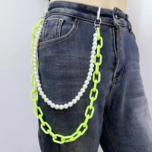 Chaîne de pantalon en fausse perle et résine vert néon, bijoux de taille élégants.