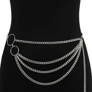 Silver multi-layer metal chain belt detail showing cascading links and dual rings design.
