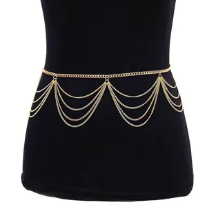 Gold multi-layer waist chain detail view, elegant metal body chain accessory.