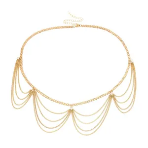 Elegant multi-layer gold waist chain metal body chain for women fashion apparel accessories.