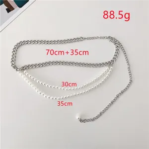 Multi-layer metal chain faux pearl waist chain body chain for women fashion accessory detail view