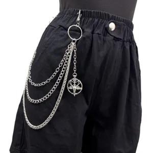 Catena da pantaloni in metallo multistrato gotica con ciondolo pentagramma testa di capra