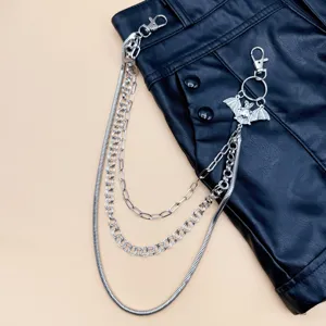 Punk gothic multi-layer metal pants chain with bat pendant, hip hop waist chain accessory.
