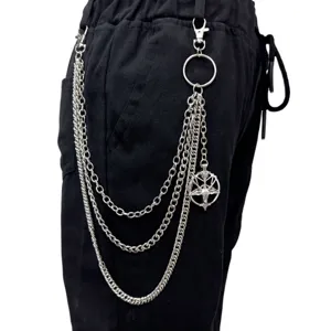 Catena da pantaloni multistrato in metallo gotico con ciondolo pentagramma capra.