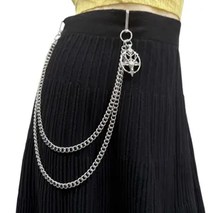 Chaîne de taille en métal gothique avec pendentif pentagramme tête de bouc double.