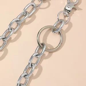 Punk metal chain detail, silver O-ring pants chain close-up, stylish hip-hop accessories.