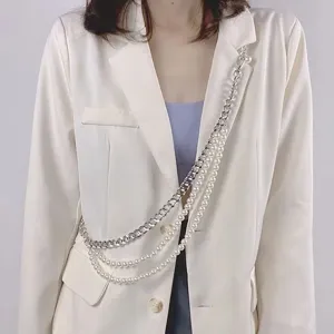 Stylish multi-layer metal and faux pearl body chain, elegant women waist accessory.