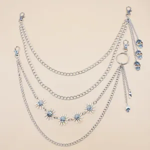 Cool hip-hop multi-layer metal pants chain with sun and skull charms for edgy streetwear styling.