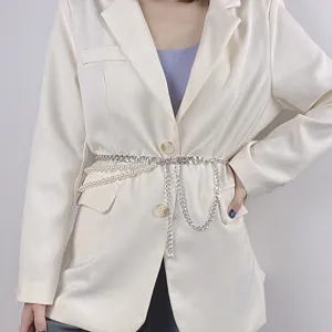 Women multi-layer metal chain faux pearl waist chain body chain fashion accessory detail