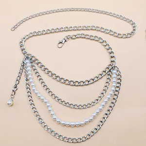 Modische mehrschichtige Taillenkette für Damen, elegante Metall- und Perlen-Körperkette.