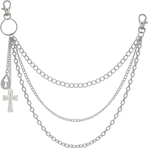Punk multi-layer metal waist chain with cross pendant, hip-hop trousers chain detail view.