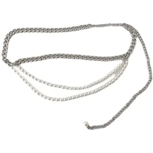 Multi-layer metal chain and pearl waist chain for women, trendy body jewelry accessory.