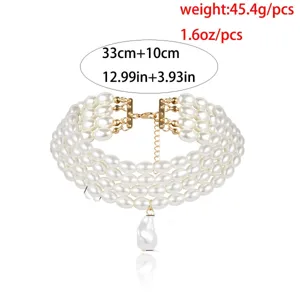 Multi-layer artificial pearl choker necklace with baroque pendant, retro fashion design for women.