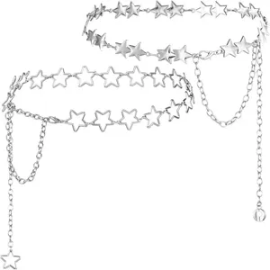 Retro Punk Metal Pentagram Waist Chain Women Y2K Silver Star Body Chain Fashion Layered Waist Jewelry Accessory