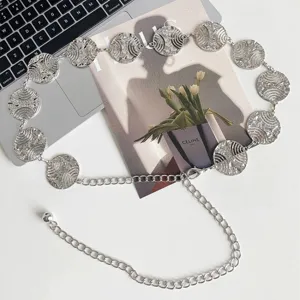 Details of the silver metal disc waist chain, showcasing the stylish hollow circle metal links.