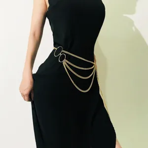Stylish metal body chain for women, multi-layer geometric circle waist chain dress accessory.
