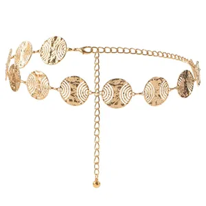 Gold metal waist chain featuring textured hollow round discs and delicate link design for women.