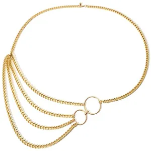 Gold multi-layer chain body belt detail showcasing delicate metal links and geometric rings.