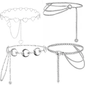 Close-up details of silver metal waist chains set, Y2K style body chain jewelry for women.