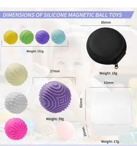 Detailed dimension view of silicone magnetic balls sensory fidget toys with storage box and bag.