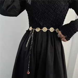 Vintage gold metal coin waist chain, elegant body chain accessory for women fashion dresses.