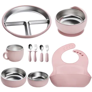 Pink silicone stainless steel baby feeding set detail, divided plate, bowl, cup, spoon, fork.