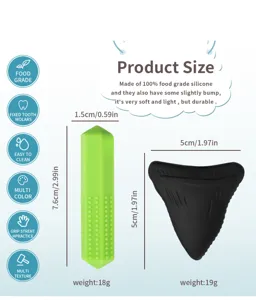 Silicone teether detail showing dimensions, textured grip surface, and safe food grade material.