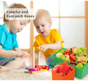 Colorful and fun square silicone bento lunch box for kids, safe food container for daily meals.