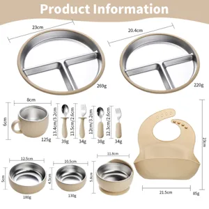 Stainless steel baby silicone tableware set with plates bowls cup spoons forks and feeding bib.