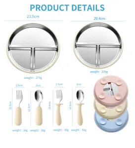 Assiette compartimentée bébé en inox avec base ventouse silicone et set cuillère fourche.