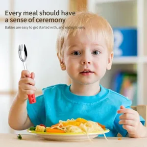 Kids stainless steel fork spoon set with red building block silicone handle for baby toddler meal.
