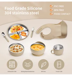 Baby silicone stainless steel tableware set infant feeding bowl plate bib fork spoon