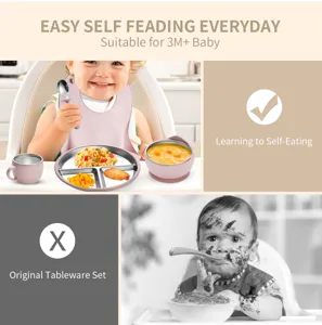 Children stainless steel silicone tableware set baby self feeding plate bowl cup