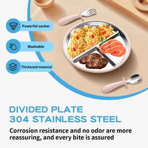 Kit assiette compartimentée en inox pour bébé avec étui silicone, ventouse, cuillère fourchette.