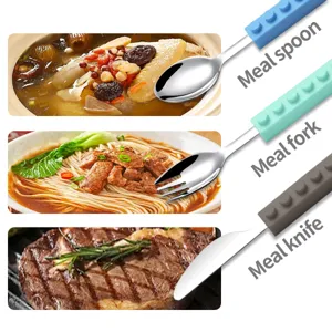 Stainless steel kids cutlery set with building block silicone handles, safe meal spoon fork knife.