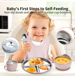 Detail view of baby stainless steel tableware set, featuring suction cup bowl and divided plate.