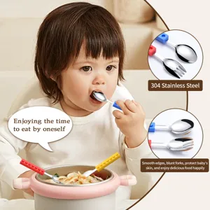 Baby stainless steel brick handle fork spoon set, safe toddler cutlery for self-feeding.