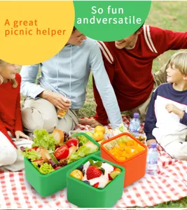 Square silicone lunch box bento container with compartments for outdoor picnic food storage and prep.